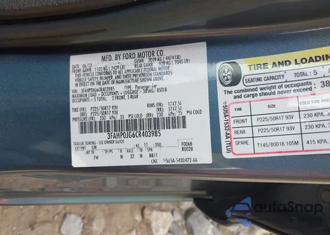 2012 Ford Fusion Sel from USA, damaged, VIN 3FAHP0JG6CR403985